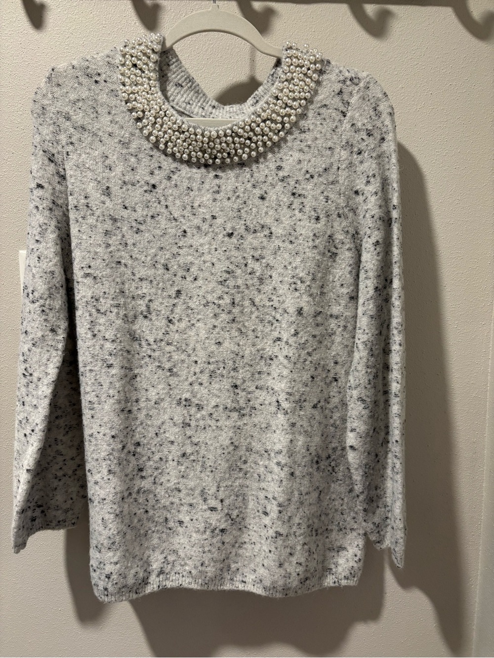 Karl Lagerfeld Pearl-Embellished Speckled White Gray Crewneck Sweater